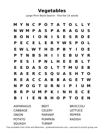 Preview of Word Search – Vegetables
